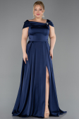 Long Navy Blue Satin Plus Size Evening Gown ABU5835