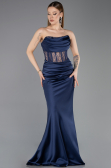 Long Navy Blue Satin Mermaid Evening Gown ABU5888