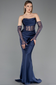 Long Navy Blue Satin Mermaid Evening Gown ABU5888