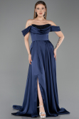 Long Navy Blue Satin Evening Gown ABU5891