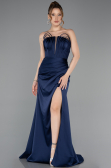 Long Navy Blue Satin Prom Gown ABU5923