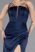 Long Navy Blue Satin Prom Gown ABU5923