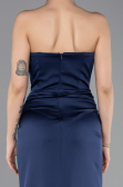 Long Navy Blue Satin Prom Gown ABU5923