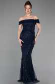 Long Navy Blue Beaded Evening Dress ABU5915