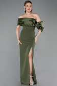 Olive Drab Off Shoulder Satin Drape Slit Evening Gown ABU4024