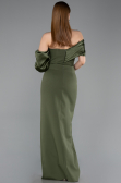 Olive Drab Off Shoulder Satin Drape Slit Evening Gown ABU4024
