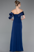 Navy Blue Off Shoulder Satin Drape Slit Evening Gown ABU4024