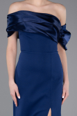 Navy Blue Off Shoulder Satin Drape Slit Evening Gown ABU4024