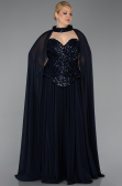 Long Navy Blue Chiffon Plus Size Evening Gown ABU5940