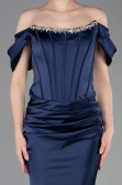 Long Navy Blue Satin Mermaid Prom Dress ABU6090