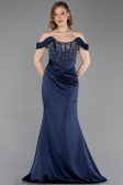 Long Navy Blue Satin Mermaid Prom Dress ABU6166
