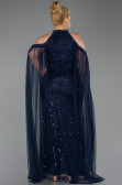 Long Navy Blue Beaded Plus Size Evening Dress ABU6118
