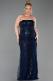 Long Navy Blue Beaded Plus Size Evening Dress ABU6162