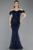 Long Navy Blue Beaded Evening Dress ABU6190