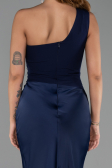 Long Navy Blue Satin Prom Gown ABU6331