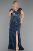 Long Navy Blue Beaded Plus Size Engagement Dress ABU5444