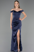 Long Navy Blue Satin Plus Size Evening Gown ABU6577