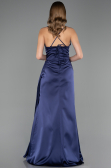 Long Navy Blue Satin Prom Gown ABU6584