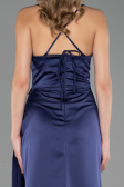 Long Navy Blue Satin Prom Gown ABU6584
