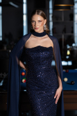 Long Navy Blue Beaded Evening Dress ABU6569