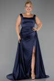 Long Navy Blue Satin Formal Plus Size Dress ABU6576