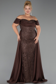 Long Dark Brown Beaded Plus Size Evening Gown ABU6414