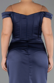Long Navy Blue Satin Plus Size Evening Gown ABU6577