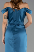 Long Oil Blue Satin Prom Gown ABU6574