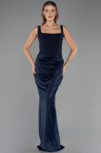 Long Navy Blue Satin Prom Gown ABU5990