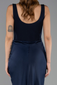 Long Navy Blue Satin Prom Gown ABU5990
