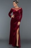 Bordo Yırtmaçlı Uzun Kadife Abiye F4348