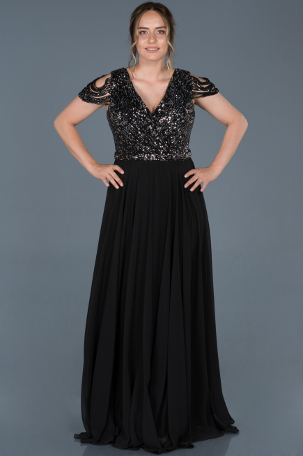 Long Black-Silver Plus Size Evening Dress ABU828
