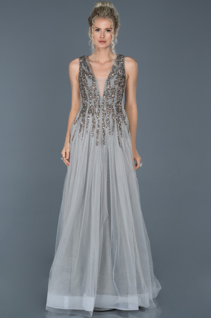 Long Grey Stony Evening Dress ABU878
