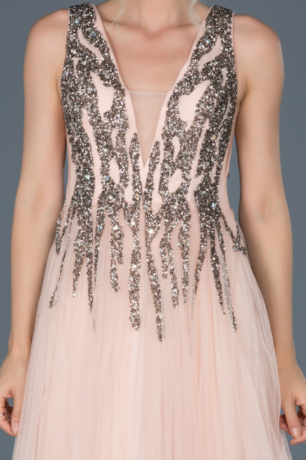 Long Powder Color Stony Evening Dress ABU878