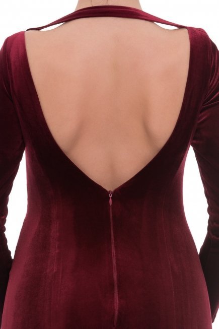 Kısa Bordo Kadife Abiye Elbise T2312