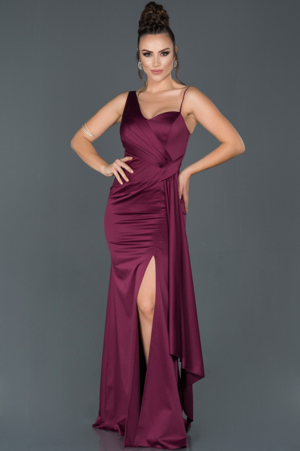 Long Cherry Colored Satin Evening Dress ABU977