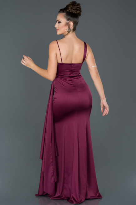 Long Cherry Colored Satin Evening Dress ABU977