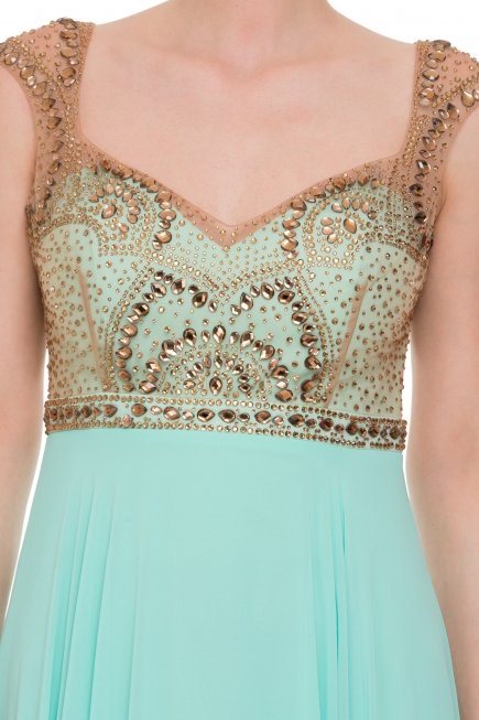 Uzun Mint Abiye Elbise ALY6233