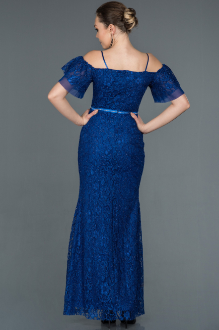 Long Sax Blue Laced Evening Dress ABU1156