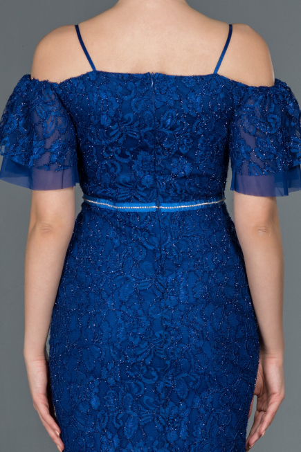 Long Sax Blue Laced Evening Dress ABU1156