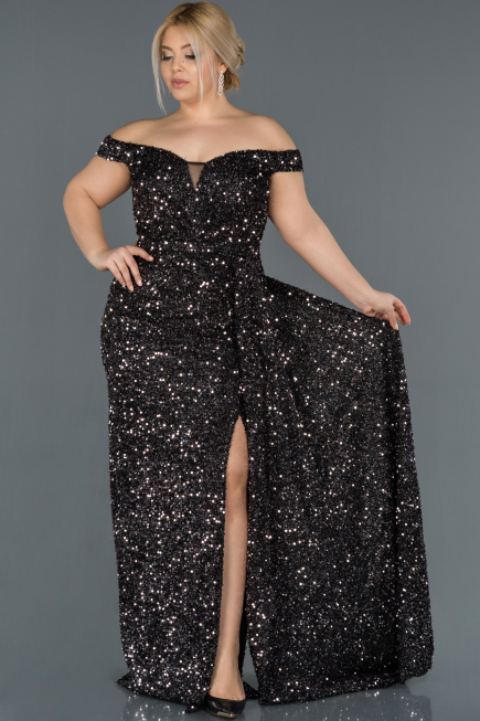 Long Black-Silver Plus Size Evening Dress ABU1126