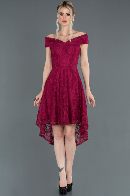 Plum Front Short Back Long Laced Prom Gown ABO018