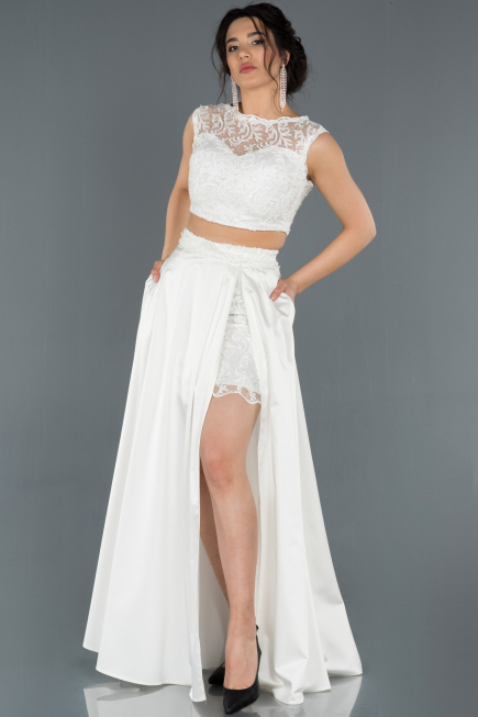 Long White Satin Prom Gown ABU1286