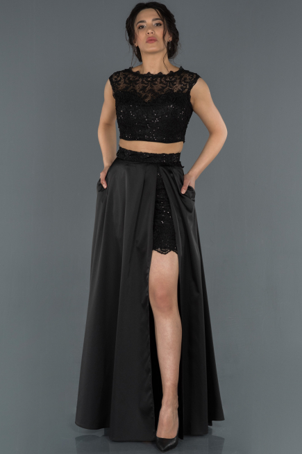 Long Black Satin Prom Gown ABU1286