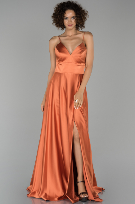 Long Light Brown Satin Engagement Dress ABU1458