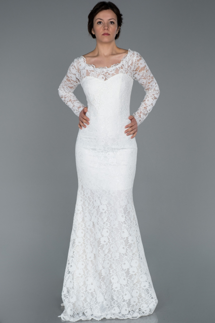 Long White Laced Evening Dress ABU1571