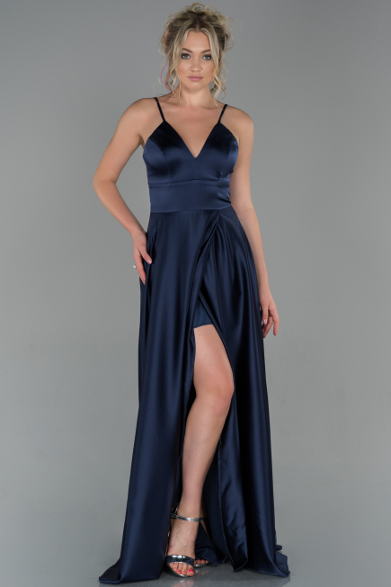 Long Navy Blue Satin Evening Dress ABU1458