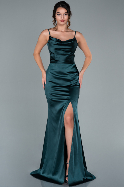 Long Emerald Green Satin Prom Gown ABU1938
