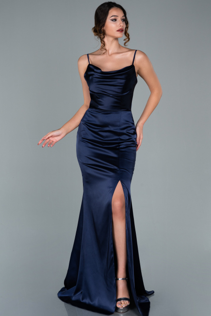 Long Navy Blue Satin Prom Gown ABU1938