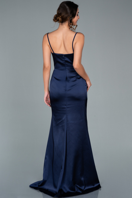 Long Navy Blue Satin Prom Gown ABU1938